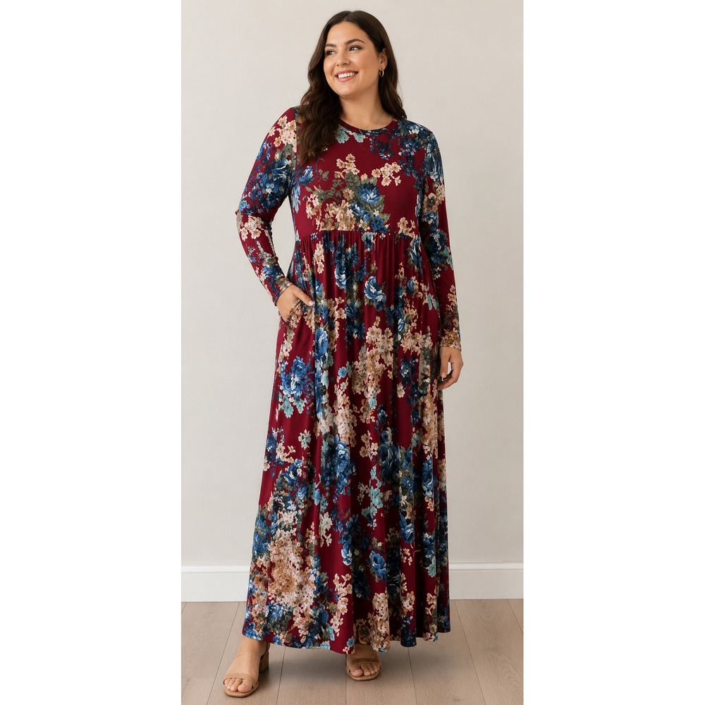 Bellamie Womens L Burgundy Floral Long Sleeve Pocket Empire Waist Maxi Dress